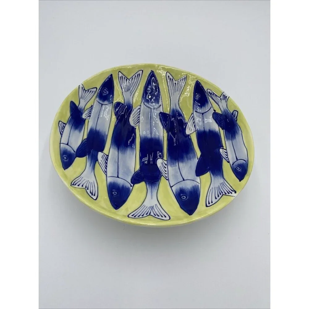 John Newdigate Ceramics West Elm Large Centerpiece Bowl Blue Yellow Fish 10.5”